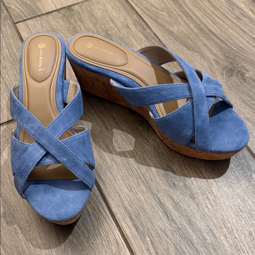 New Giani Bernini Light Blue Suede Crisscross Cork Wedge Slide Sz 9.5 M - Picture 4 of 9